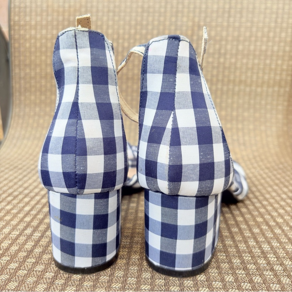 Vintage Betsey Johnson Ivee Women 7 Navy Gingham Bow Ankle Strap Heeled Sandals - Picture 7 of 9